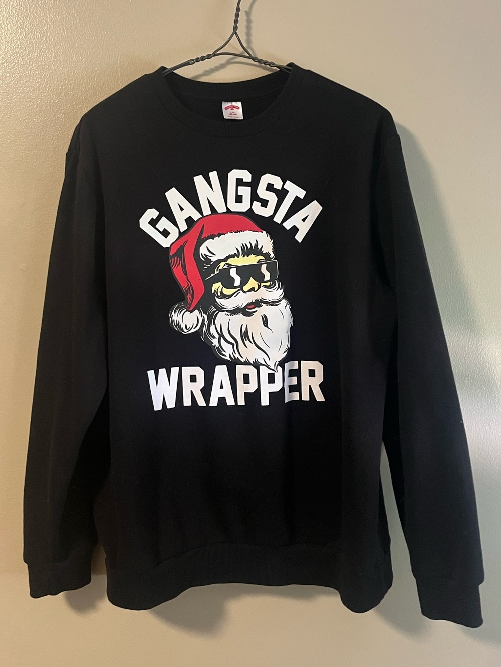 Crew Neck Santa Gangsta Wrapper Black Holiday Sweatshirt Large